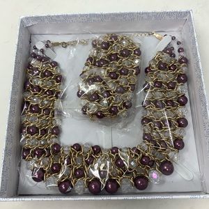 The skyline Collection gold tone purple beaded choker necklace and bracelet set